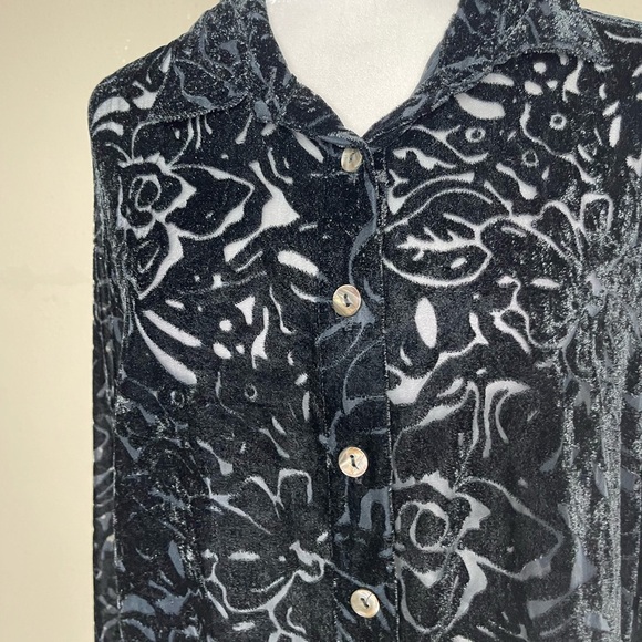 Vintage E•L•C•C Whimsical Goth Black Burn Out Velvet Floral Design Button Down - Picture 3 of 7